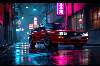 "Un Audi Ur-Quattro rojo está estacionado en una calle urbana oscura y mojada. Luces de neón brillantes en tonos rosados y azules iluminan el entorno, reflejándose en el pavimento húmedo. En el fondo, edificios con letreros en caracteres chinos aportan un ambiente futurista y nocturno. El coche, con su diseño deportivo y clásico, destaca en el centro de la escena.