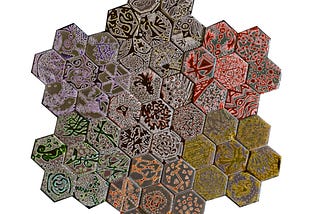 White hexagon tiles painted with unique geometric designs arranged in flower pattern, 7 groups of 7 tiles in different colors