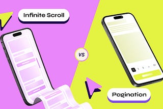 Split-screen graphic comparing infinite scroll and pagination on mobile screens.