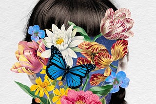 Collage style illustration of flowers and butterflies covering a woman’s face so you can only see her brown hair.