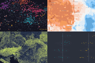 Collage of data visualization projects featuring a subtitle clustering map, climate anomaly map, fungal network map, and World Cup player height charts