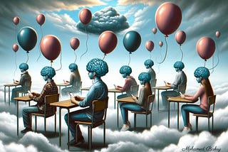 surreal and metaphorical representation of students in a classroom. The students’ heads are replaced by balloons, symbolizing the social control of minds. Image created by Mohamed Bakry with AI tool — the author has the provenance and copyright.