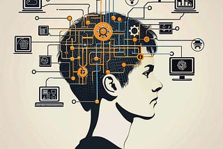 An illustration of a person in profile with a network of systems and interface elements overlaid on the head
