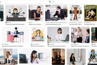 Screenshot of a Google image search for ‘secretary’, in which 6 of the 20 displayed images are sexually suggestive.