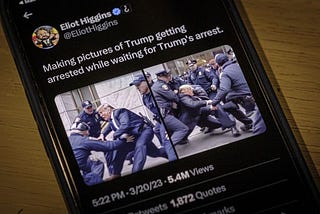 Falsified images created and posted to Twitter by Eliot Higgins using a sophisticated and widely accessible image generator show a fictitious scene of Donald Trump being arrested by the New York City police. Similar Deepfake programs are now available to anyone at virtually no cost.
 J. DAVID AKE