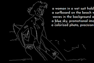 Black and white line drawing generated by the ControlNet Canny model, depicting a woman in a wetsuit holding a surfboard on the beach. A text from CLIP Interrogator, describing an image, is superimposed over the drawing and reads: “a woman in a wet suit holding a surfboard on the beach with waves in the background and a blue sky, promotional image, a colorized photo, precisionism.”