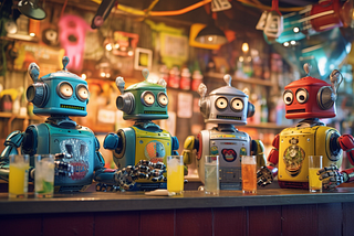 Four robots sitting at a bar.