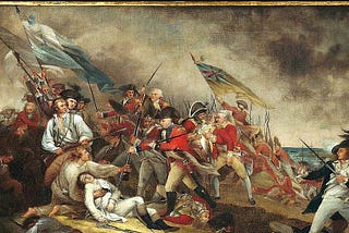 painting of the battle of bunker hill showing colonists against redcoats with boston harbor behind them