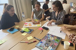 Workshop Attendees, three smiling women with brown hair sitting at a table with paper and colorful post it notes. A  fourth woman whose hands are visible at the right of the image sits next to a closed laptop computer covered with stickers, a paper cup and a mobile phone. Pens and yellow sticky notepads are scattered on the table top.
