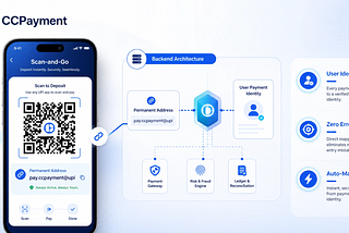 CCPayment scan-and-go mobile interface and permanent address backend architecture for virtual card top-ups.