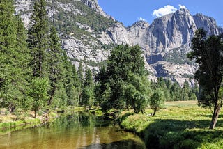 View of Merced River from Swinging Bridge in Yosemite Valley