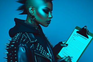 A young woman of color who is styled like a punk fills in a paper questionnaire.