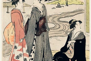 Japanese ukiyo-e woodblock print of ladies in kimono viewing cherry blossoms