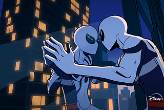 Spider-Man in a distinctive white suit clings to a skyscraper window, looking at his reflection in Your Friendly Neighborhood Spider-Man.