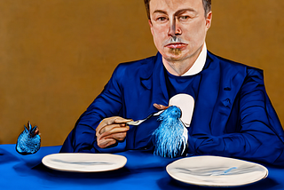 An illustration of Elon Musk apparently dining up a blue bird. Created with the MidJourney AI art bot.