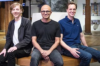 GitHub CEO Chris Wanstrath, Microsoft CEO Satya Nadella and future GitHub CEO Nat Friedman