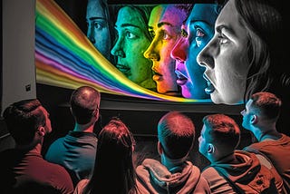 Pciture of a group of people starting at a projector screen. On the screen is their own faces staring back at them, in rainbow color.