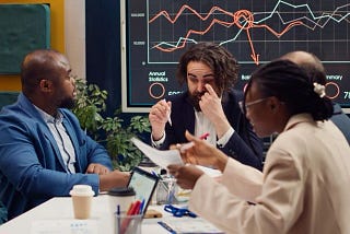 A group of diverse individuals discussing stock market strategies in an investment club meeting