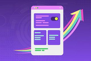 Illustration of a website UI with a toggle switch and colorful upward arrows on a purple background.