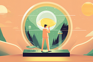 An illustration of a man looking out a futuristic window