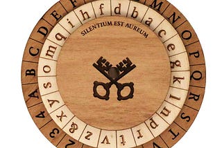 Three concentric wooden disks connected by a pin in their centers. Around the outside of the outer disk is an uppercase classical Latin alphabet (so it doesn’t have the letters J, U, W that we have in English) with the letters H, K, Y removed, and the numbers 1, 2, 3, 4 added. Around the outside of the middle disk is a complete lowercase classical Latin alphabet and an ampersand. The innermost disk is for show: it has a picture of two crossed keys and contains the phrase “Silentium est aureum”.