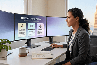 A professional woman at a modern desk looking at three monitors, with the center screen displaying a “ChatGPT Model Finder” comparing Fast, Thinking, and Pro models.