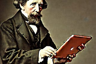 Image via Stable Diffusion. Prompt: “Charles Dickens holding an iPad”