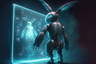 A robot rabbit standing in front of a blue glowing holographic UI screen.