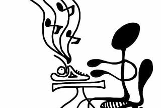A music staff sits at a typewriter and music notes float from the typewriter. Artwork by Fred Charles.