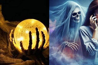 A two-part photo of a ghostly figure holding a yellow crystal ball and the right side showing a bluish skeletal ghost behind a young woman on the phone.