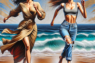 Two Iranian women one of them with side swept bangs hairstyle and wearing wrap dress and the other with a straight hair hairstyle and wearing ripped jeans and a crop top are running energetically at a beach , rendered in intricate detail, often with a rich palette of colors and gold leaf