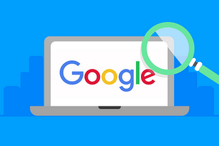 A flat icon image of a grey open laptop, displaying a white screen with Googles logo on the laptops screen. A green magnifying glass lays on the top right corner of the laptop. The image is all on top of a blue background.