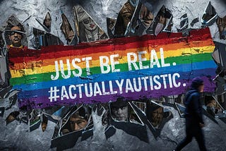 “Just Be Real #ActuallyAutistic” Inspire your kids. Inspire your co-workers. Inspire a new generation of students. This powerful image centers on a vibrant rainbow-colored banner against a gritty concrete wall. The composition balances raw urban aesthetics with a message of authenticity and pride. The fragmented mirrors suggest the complex, often misunderstood nature of autism, while the rainbow colors evoke diversity and hope. This image effectively combines street art style with advocacy,