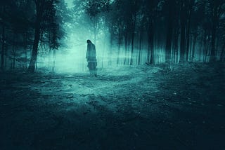 A solitary ghost in a foggy forest