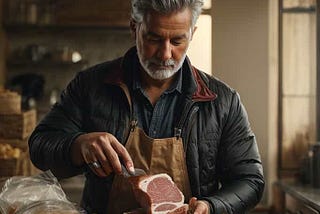 A man is exploring the nutritional profile of pork while preparing meat in the kitchen.