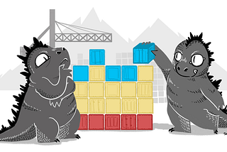 Uma ilustração de dois dinossauros montando blocos coloridos em alusão ao método do design de experiência orientado a objetos. O dinossauro da esquerda observa com uma expressão de dúvida enquanto o dinossauro da direita adiciona um bloco à pilha.