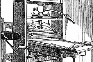 Black and white drawing. The printer looks like a tall book shelf, with a table about half-way where printed papers would appear.