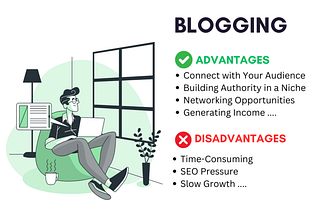 Illustration of a male blogging and a list of advantages and disadvantages of blogging