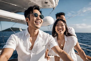 Asian male in his 30s, semi-fit build, partying on a yacht in the middle of the ocean on a sunny day with friends