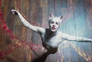 white cat dancing, arms outstretched