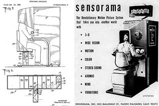 Vintage Sensorama simulator diagrams and advertisement highlighting the early immersive virtual reality experience with 3D, motion, color, stereo sound, aromas, wind, and vibrations.