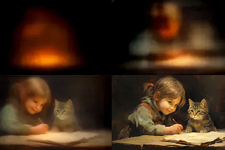 Winning Growth Systems AI image in four sections. The first section is an amorphous blog which morphs into a detailed image of a girl with a cat in the last section.