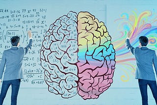 Photo showing left and right side of the brain — left has math equations in it and right is highlighted in rainbow colors