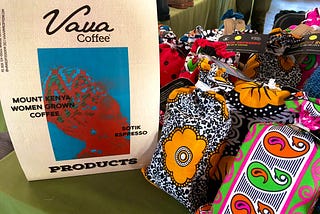 Colorful Bags of Vava Women Coffee on a booth