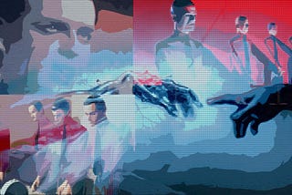 Photo montage showing Gary Numan and Kraftwerk, plus a human and a robot’s hand. Are Friends Electric? Robots Dancing Mechanic. The advance of superhumans — leaving the planet to a small elite of the super-rich and their ‘electric friends’
