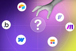 Hand pointing to question mark surrounded by no-code platform logos on purple-to-yellow gradient background.