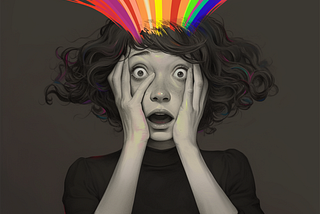woman holding face looking shocked while a rainbow comes out her head