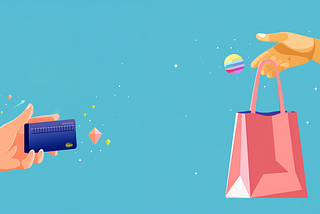 A hand holding out a credit card in exchange for a shopping bag