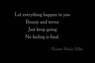 “Let Everything Happen to you, Beauty and Terror. Just keep going. No Feeling is Final.”- Rainer Maria Rilke