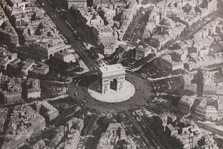 Aerial view of Place d’Etoile, Paris, France. Black and white.